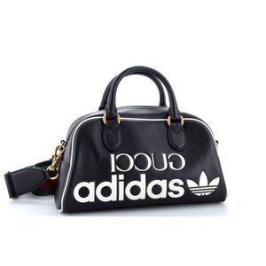 GUCCI X ADIDAS SMALL BLACK LEATHER DUFFEL BAG WITH WEB CROSSBODY STRAP